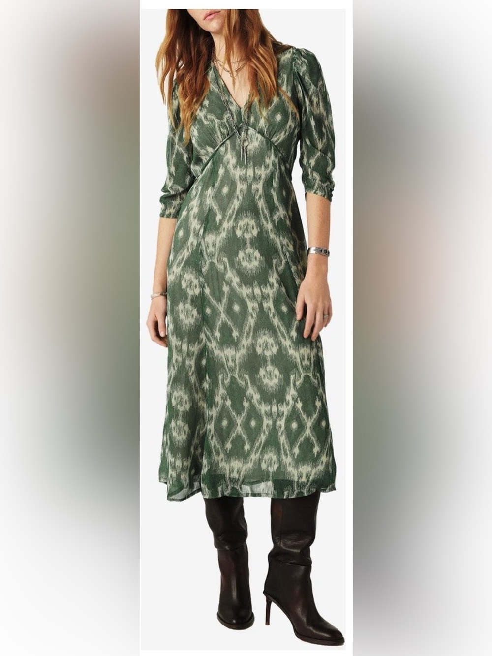 ba&sh Matsa Green Ikat Midi Dress Size 3 = US 8 Zip Lined EUC  Flowy Viscose